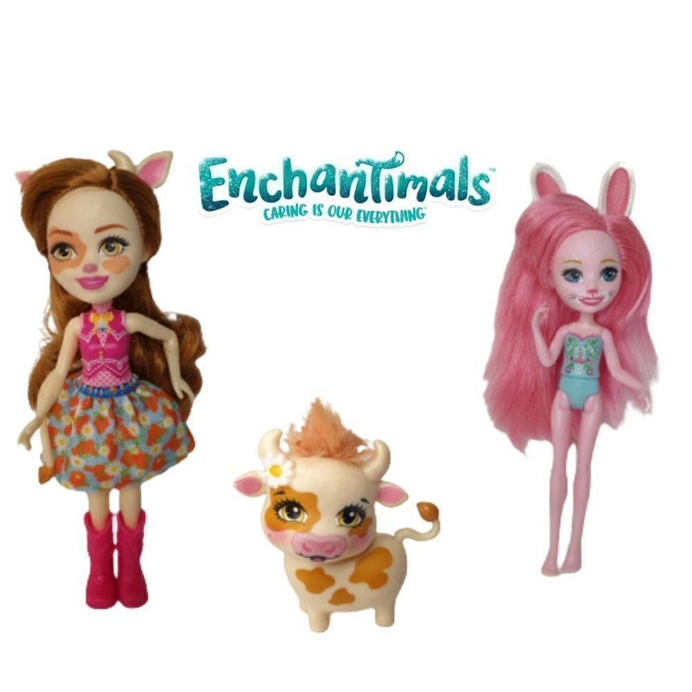 Enchantimals Cailey Cow Doll Curdle and Bree Bunny Mini 6" Doll Figures Bundle